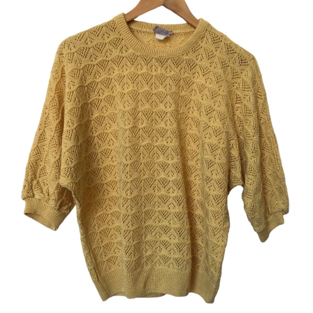Vintage Diament Yellow Pointelle Knit Short Sleeve Sweater